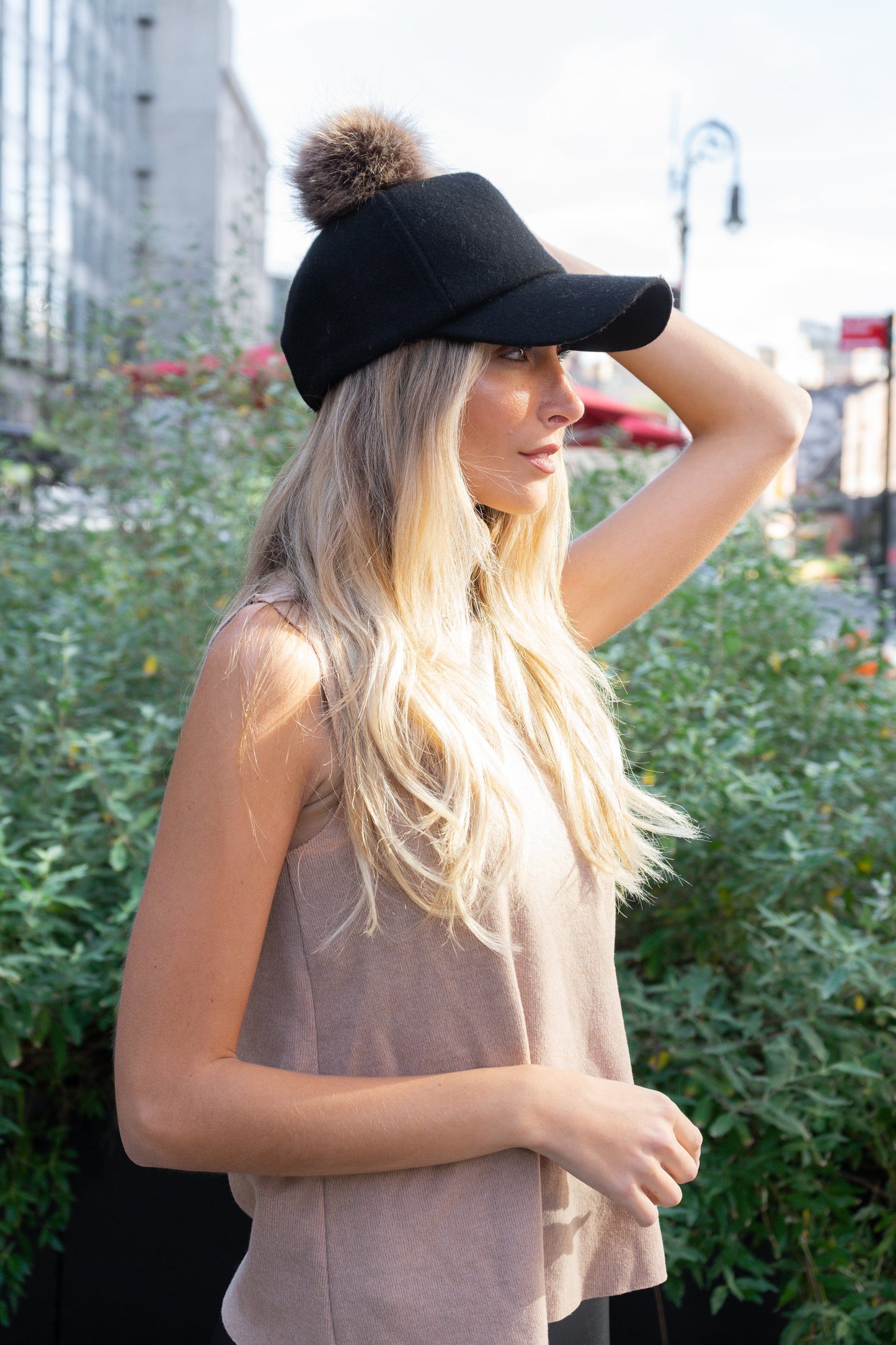 Magid Faux Fur Pom Pom Baseball Cap