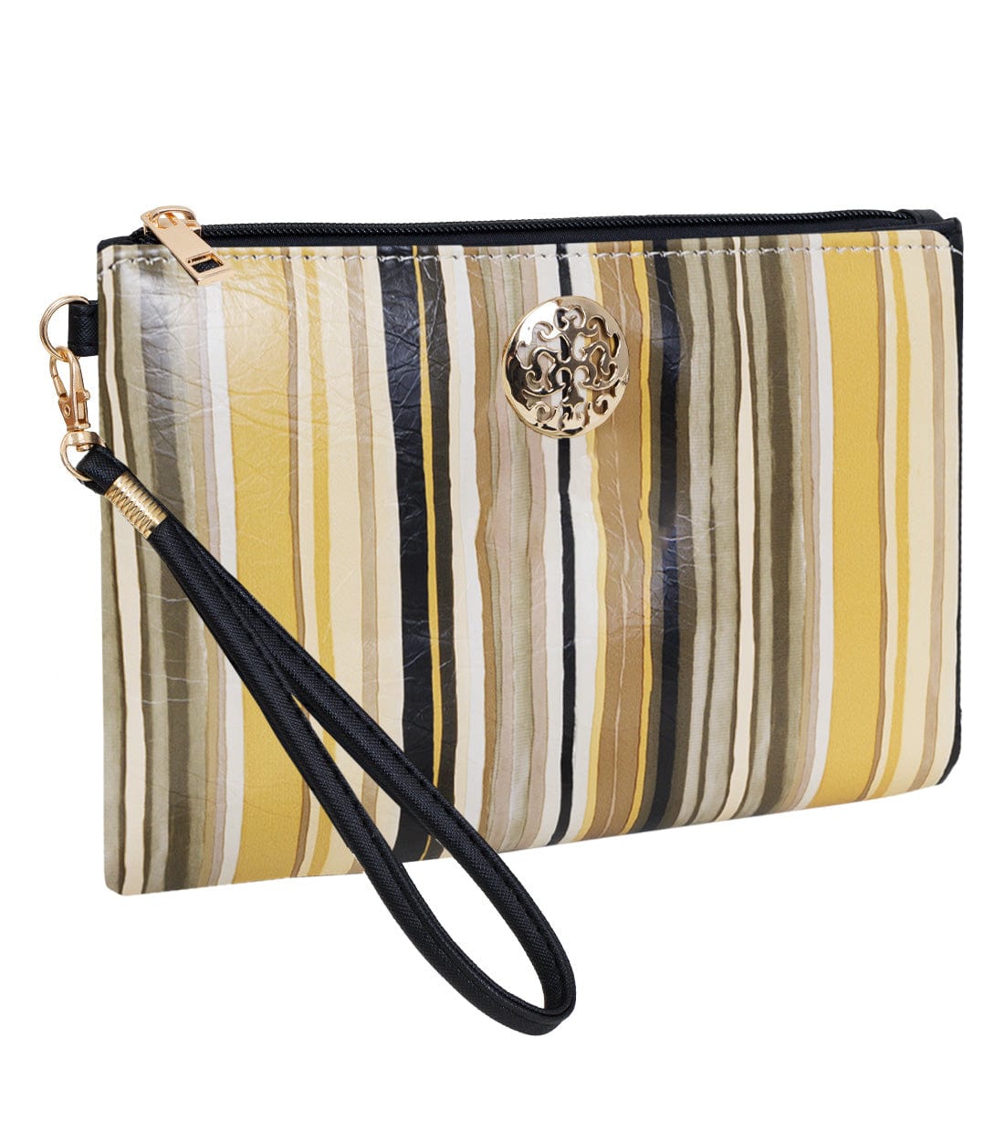 Rebecca & Rifka Multi Stripe Print Medallion Zip Wristlet
