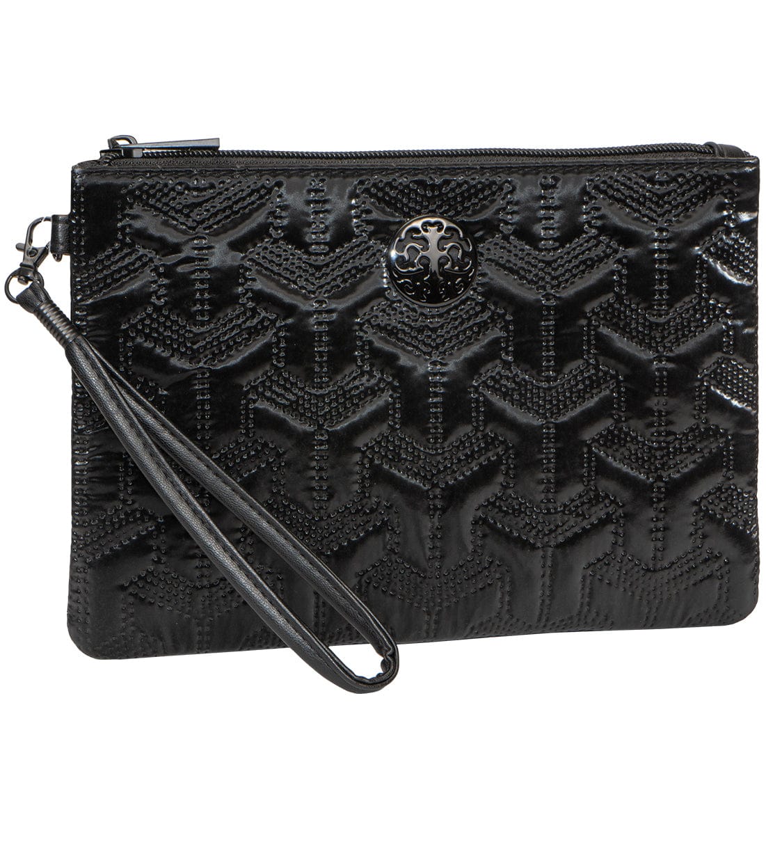 Rebecca & Rifka Patent Geometric Quilt Medallion Zip Wristlet