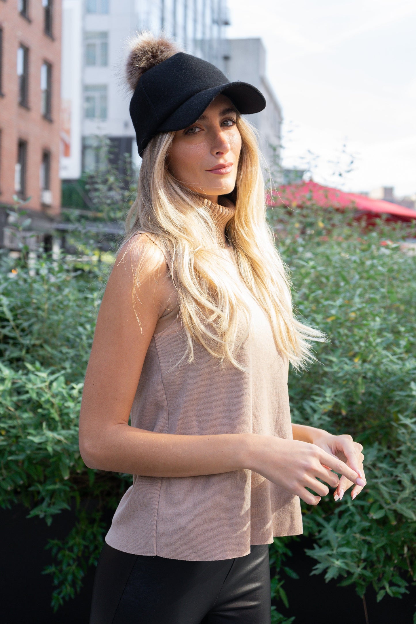 Magid Faux Fur Pom Pom Baseball Cap