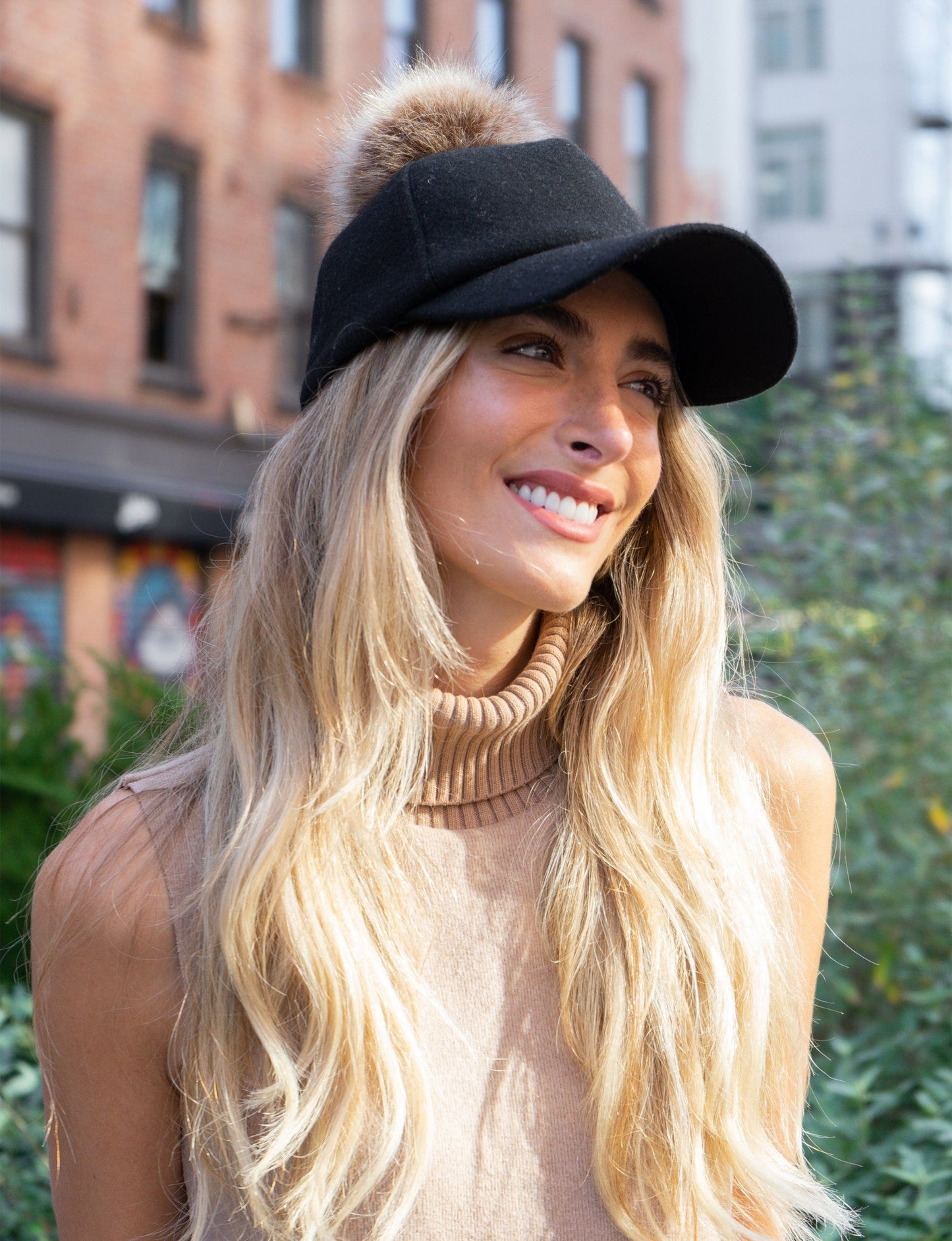 Magid Faux Fur Pom Pom Baseball Cap