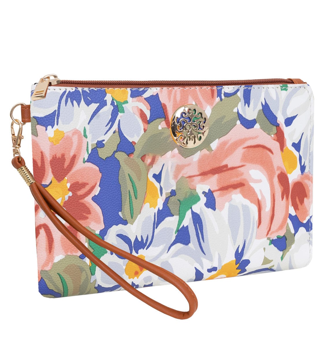 Rebecca & Rifka Floral Print Medallion Zip Wristlet