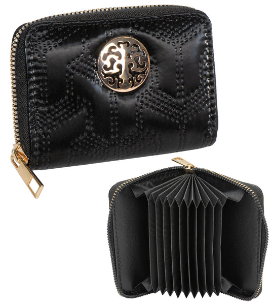 Rebecca & Rifka Patent Geometric Quilt Medallion Zip Accordian Wallet