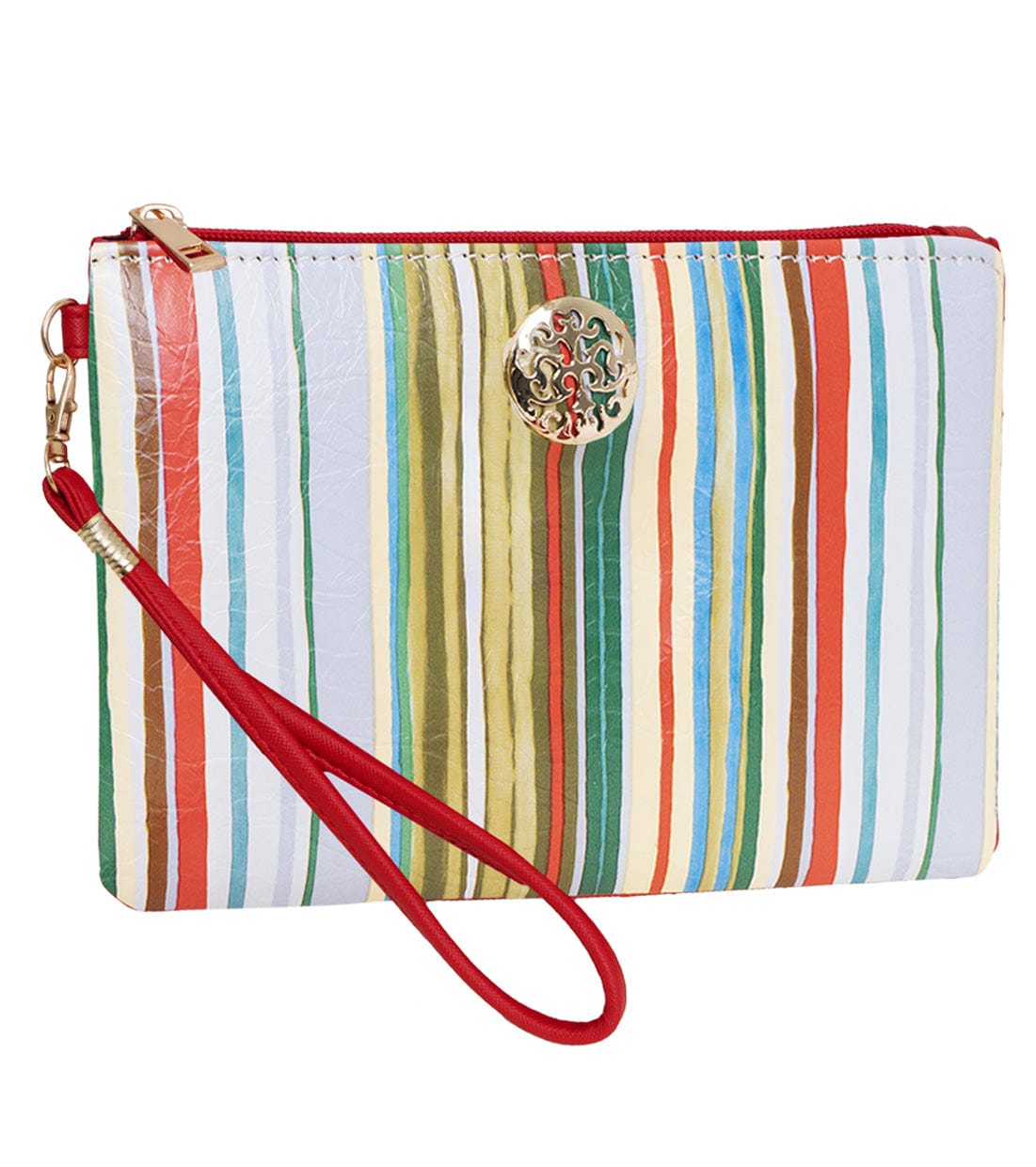 Rebecca & Rifka Multi Stripe Print Medallion Zip Wristlet